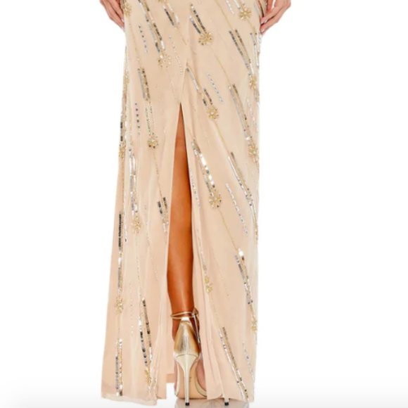 MAC DUGGAL ROSETTE SEQUIN CRYSTAL ONE SHOULDER NUDE GOLD GOWN sz 12 - Picture 7 of 8